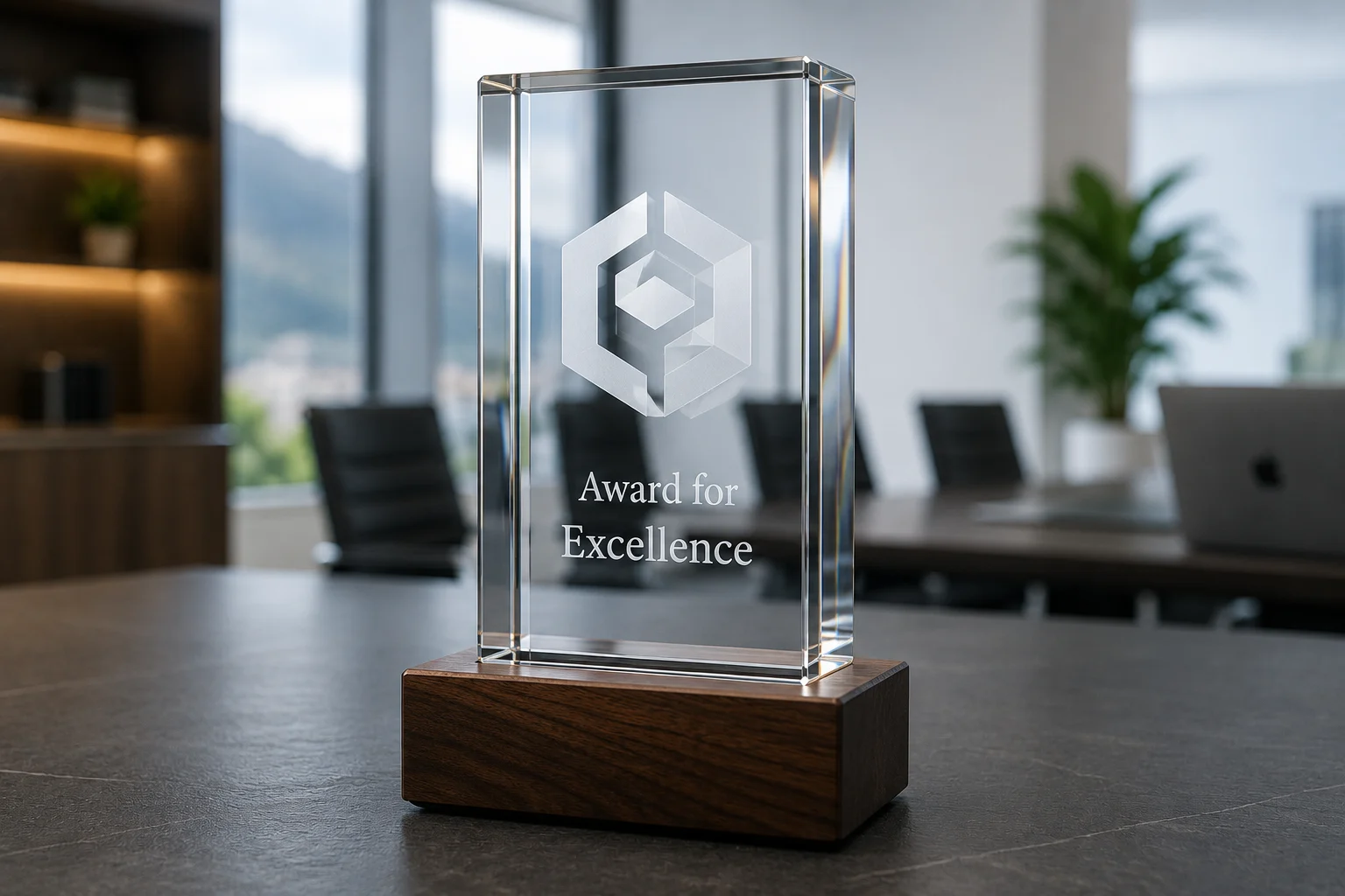 Exklusiver Corporate Business Award aus hochwertigem Kristallglas mit edler Holzbasis. Individuell gravierbar für Mitarbeiterauszeichnungen, Jubiläen, Ehrungen und Unternehmenspreise.